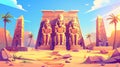 Modern cartoon landscape of desert in Egypt with ancient stone monuments and obelisk, with pharaoh or god statues. Royalty Free Stock Photo