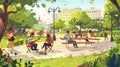 Modern cartoon landscape of summer public garden with wooden picnic table and benches with acoustic and electric guitar Royalty Free Stock Photo