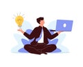 Modern cartoon meditation workflow, mind emotions, lotus position, start and search for ideas vector. Health benefits