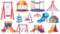 Modern cartoon playground equipment with inflatable trampolines and slides, spiral tube slides, ball polls, and swings Royalty Free Stock Photo