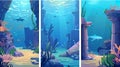 Modern cartoon poster with underwater ocean bottom landscape with submarine, sunken ancient ruins, broken Poseidon Royalty Free Stock Photo