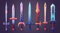 A modern cartoon set of fantasy daggers, knives, and longswords featuring runes and gems for game interfaces from