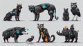 Modern cartoon set of futuristic angry pets cyborgs, black mechanic warthog, leopard and birds on gray background with Royalty Free Stock Photo