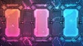 Modern cartoon set of gui elements in sci fi style, empty frames with blue and pink glow for avatar and level in game.