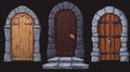 In this modern cartoon set, we have a set of old medieval wooden doors with handle, stone arch and step. It can be