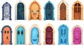 Modern cartoon set of medieval doorways in stone arch for a building facade. Vintage house, castle, gothic church or