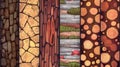Modern cartoon set of seamless patterns with woodpile, pile of logs, timbers, lumber, rough nut tree cortex and brown