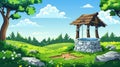 Modern cartoon summer landscape with old stone well with wooden roof, pulley and bucket. Basin for water source or Royalty Free Stock Photo