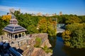 Modern castle structure in Central Park New York City over pond