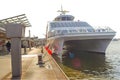 Modern catamaran ferry Halunder Jet is heading towards Helgoland at North Sea, German holiday island, from Hamburg harbor, Germany Royalty Free Stock Photo