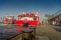 Modern catamaran ferry Halunder Jet is heading towards Helgoland at North Sea, German holiday island, from Hamburg harbor, Germany