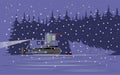 A modern caterpillar bulldozer drags a large Christmas tree for a holiday at night from the forest