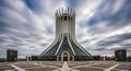 Modern Cathedral with a Unique Flared Tower and Paved Plaza Under a Dramatic Sky church architecture Royalty Free Stock Photo