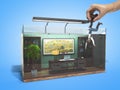 modern cconcept of labor slavery, social exclusion, working office in the aquarium with hand holding 3d genereted person