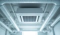 Modern central air conditioning unit integrated into office ceiling. White metal ventilation ducts, pipes form complex network Royalty Free Stock Photo