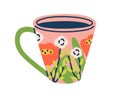 Modern ceramic coffee cup. Tea mug with floral pattern and handle. Drink crockery with americano in doodle style