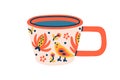 Modern ceramic tea cup. Porcelain coffee mug with floral pattern and handle. Trendy drink crockery in doodle style