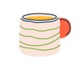 Modern ceramic tea mug in doodle style. Porcelain coffee cup with striped pattern and handle. Trendy stylish drink