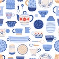 Modern ceramics flat vector seamless pattern. Handmade dinnerware background. Decorative tableware and utensils backdrop