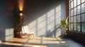 Modern chair and potted plants in room with sunlight casting dramatic shadows through large window. The play of light Royalty Free Stock Photo