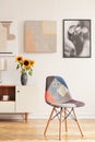 Modern chair in white apartment interior with posters above cupboard with sunflowers. Real photo