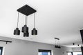 Modern chandeliers with tube shaped LED bulbs, covered with matt black paint, four and three bulbs visible.