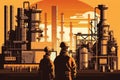 Modern chemical refinery plant with workers overseeing chemical processing in vector style illustration