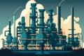 Modern chemical refinery plant with workers overseeing chemical processing in vector style illustration