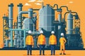 Modern chemical refinery plant with workers overseeing chemical processing in vector style illustration
