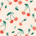 Modern cherry seamless pattern. Cute red cherries on a pink background Royalty Free Stock Photo