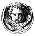Modern Cherub Head is a design on a medallion, vintage engraving