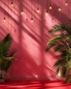 Modern Chic Interior with Hanging Edison Bulbs and Lush Green Palms Casting Shadows on Vibrant Pink Wall