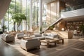 Modern and chic lobby interior with a white and wood color scheme