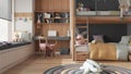 Modern children wooden bedroom with bunk bed in gray pastel tones, parquet floor, big window with bench and blinds, desk, carpet Royalty Free Stock Photo