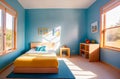 Modern children's colorful room with blue walls on a sunny day with sunlight through the windows with a mountain Royalty Free Stock Photo