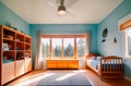 Modern children's colorful room with blue walls on a sunny day with sunlight through the windows with a mountain Royalty Free Stock Photo