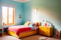 Modern children's colorful room with blue walls on a sunny day with sunlight through the windows with a mountain Royalty Free Stock Photo