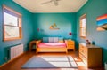 Modern children's colorful room with blue walls on a sunny day with sunlight through the windows with a mountain Royalty Free Stock Photo