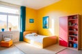 Modern children's colorful room with yellow walls on a sunny day with sunlight through the windows with a mountain Royalty Free Stock Photo