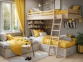 Modern childrens room with cozy wooden bunk beds, 3d rendered interior design for kids bedroom Royalty Free Stock Photo