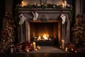 Modern chimney with stockings, candles, and christmas decoration. Christmas living room with fireplace. AI generated Royalty Free Stock Photo