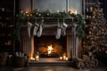 Modern chimney with stockings, candles, and christmas decoration. Christmas living room with fireplace. AI generated Royalty Free Stock Photo