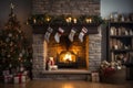 Modern chimney with stockings, candles, and christmas decoration. Christmas living room with fireplace. AI generated Royalty Free Stock Photo
