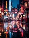 Modern Chinese city nights: Neon-lit vibrant cityscape, empty st