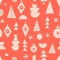 Modern Christmas background red. Seamless Vector pattern with festive abstract geometric shapes, Christmas trees, ornaments, Royalty Free Stock Photo