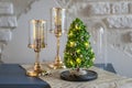 Modern christmas decoration table display. Cute little festive glas Cloche filled with green hydrangea flowers Royalty Free Stock Photo