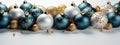 Modern Christmas Design: Close-up Illustration of Blue, White and Golden Christmas Balls with Glitter on White Background and Royalty Free Stock Photo