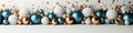 Modern Christmas Design: Close-up Illustration of Blue, White and Golden Christmas Balls with Glitter on White Background and Royalty Free Stock Photo