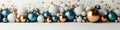 Modern Christmas Design: Close-up Illustration of Blue, White and Golden Christmas Balls with Glitter on White Background and Royalty Free Stock Photo