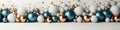 Modern Christmas Design: Close-up Illustration of Blue, White and Golden Christmas Balls with Glitter on White Background and Royalty Free Stock Photo